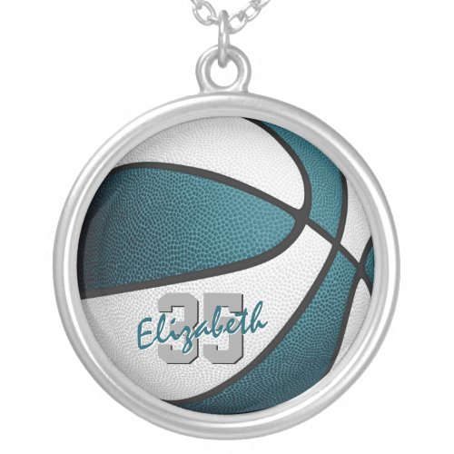 girly teal white personalized basketball silver plated necklace