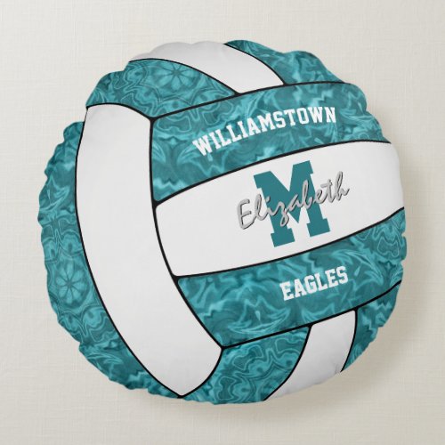 Girly teal white volleyball team colors gift ideas round pillow