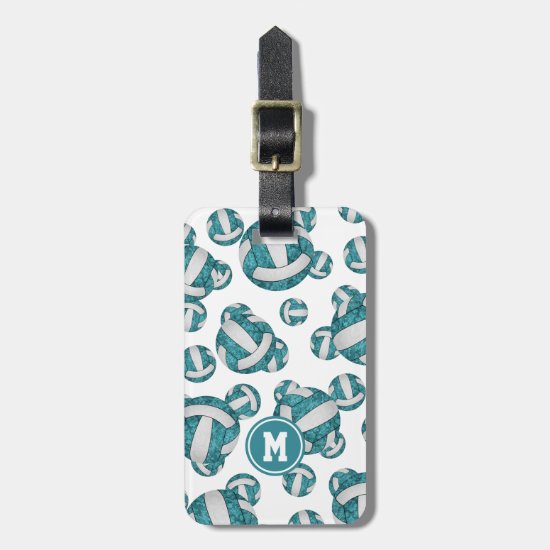 girly teal white volleyballs pattern monogrammed luggage tag
