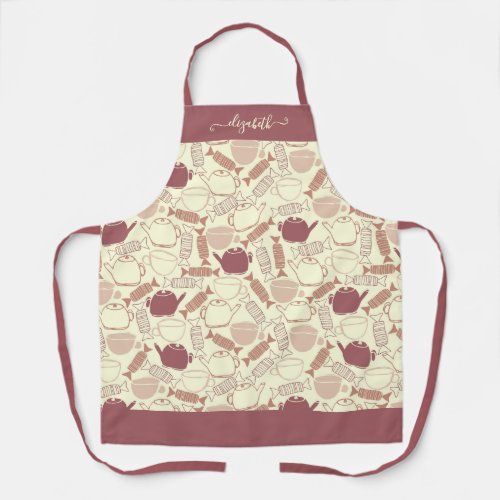 Girly Teapot Tea Cup Candy Pattern Script Name Apron