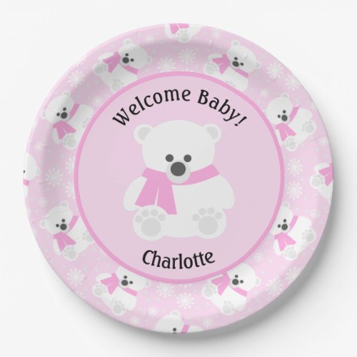 Girly Teddy Bear with Pink Scarf Baby Shower Paper Plates