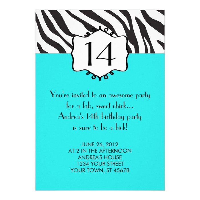 Girly Teenager Zebra Birthday Invitation