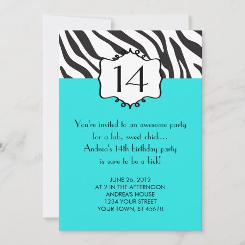 Girly Teenager Zebra Birthday Invitation