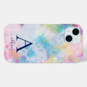 Girly Tie-Dye Colorful Monogram Name iPhone 15 Case