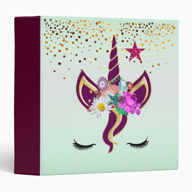 Girly trend unicorn super cute Floral gold 3 Ring Binder (Front/Spine)