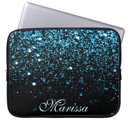 Girly Trendy Aqua Blue Glitter Modern Black Laptop Sleeve