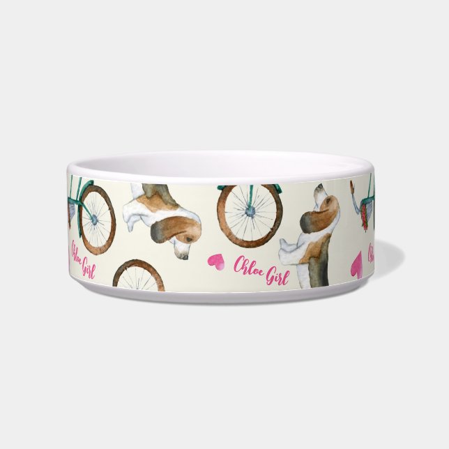 Girly Trendy Bicycles & Dogs Pink Script Name Pet  Bowl (Left)