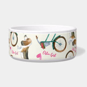Girly Trendy Bicycles & Dogs Pink Script Name Pet Bowl