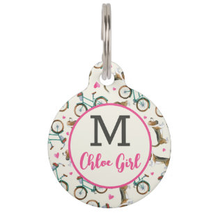 Girly Trendy Bicycles Dogs Pink Script Name Round Pet ID Tag