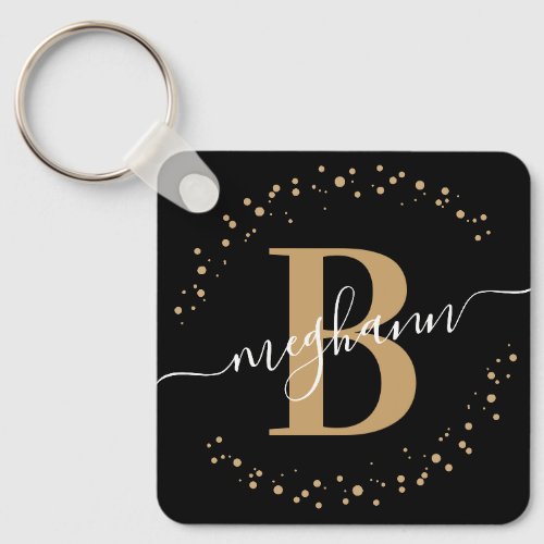 Girly Trendy Black and Gold Name Monogram Script Keychain