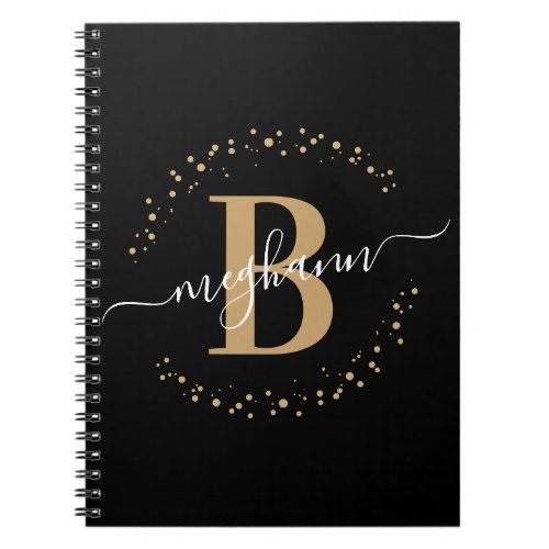 Girly Trendy Black Gold Name Monogram Script Notebook