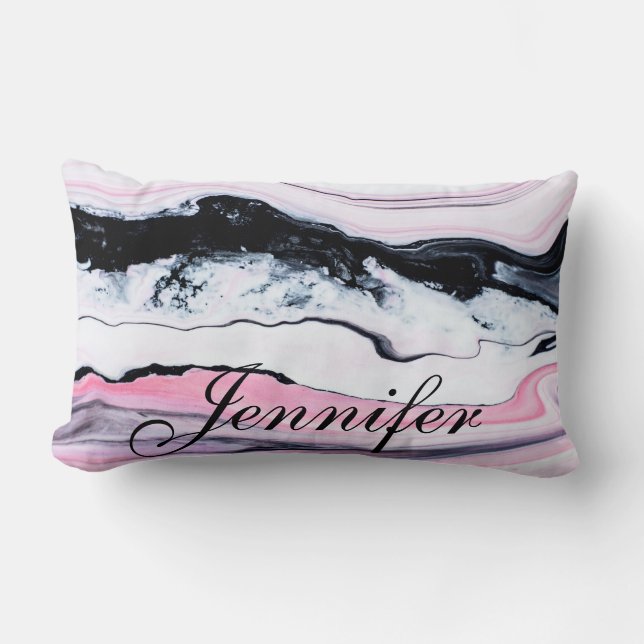 Girly TRENDY BLACK WHITE PINK MARBLE ADD YOUR NAME Lumbar Pillow (Front)