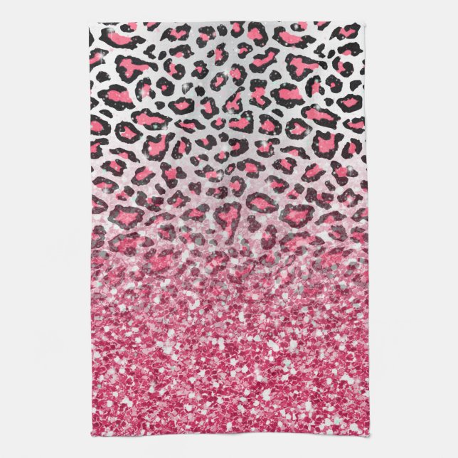 girly trendy bubble gum pink leopard animal print kitchen towel (Vertical)