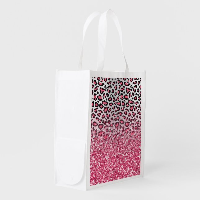 girly trendy bubble gum pink leopard animal print reusable grocery bag (Front Side)