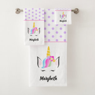 Girly trendy Cute Magical Unicorn with name Bath Towel Set