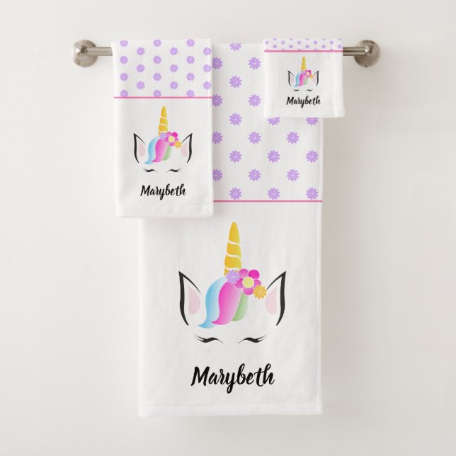 Girly trendy Cute Magical Unicorn with name Bath Towel Set (Insitu)