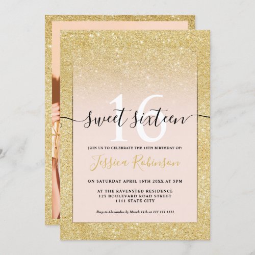 Girly trendy gold glitter ombre pink chic Sweet 16 Invitation