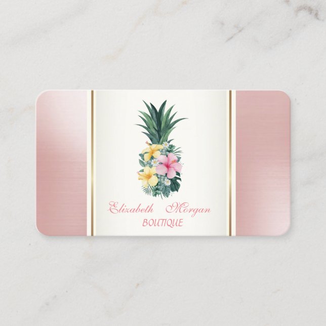 Girly Trendy Modern Pineapple Tropical Flowers Business Card (Front)