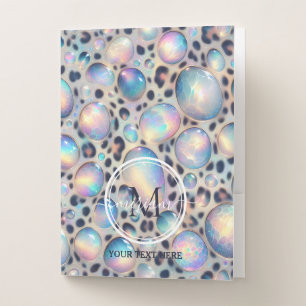 Girly Trendy Opal Leopard Print Monogram Pocket Folder