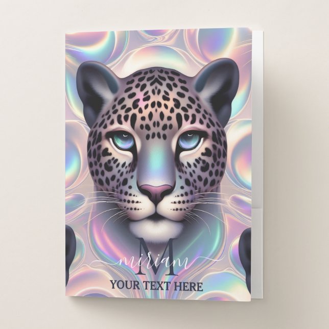 Girly Trendy Opal Leopard Print Monogram Softcover Pocket Folder (Front)
