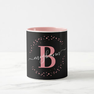 Girly Trendy Pink Black Name Monogram Script Coffe Mug