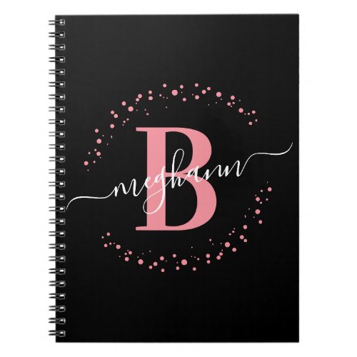 Girly Trendy Pink Black Name Monogram Script Notebook