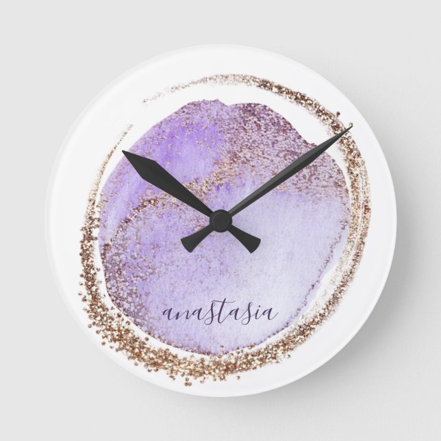 Girly Trendy Purple Golden Glitter Marbled Round Clock (Front)