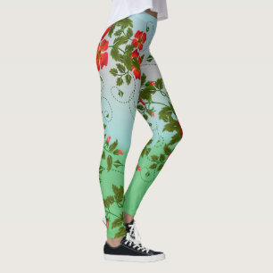 Girly Trendy Red Green White Floral Watercolor Leggings