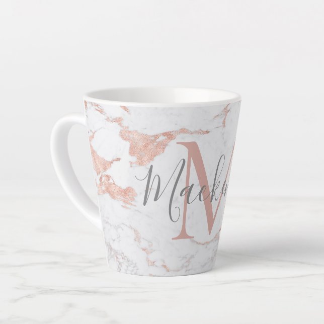 Girly Trendy Rose Gold Foil Marble Monogram Latte Mug (Left Angle)