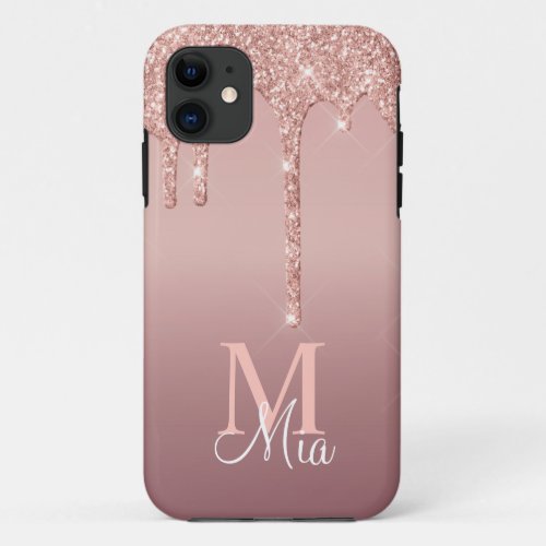 Girly Trendy Rose Gold Glitter Drips Personalize C iPhone 11 Case