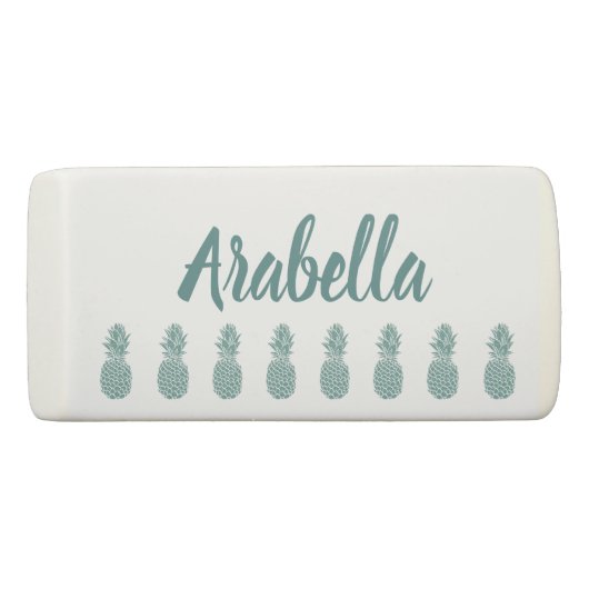 Girly Trendy Teal Glitter Pineapple Name Eraser (Back)