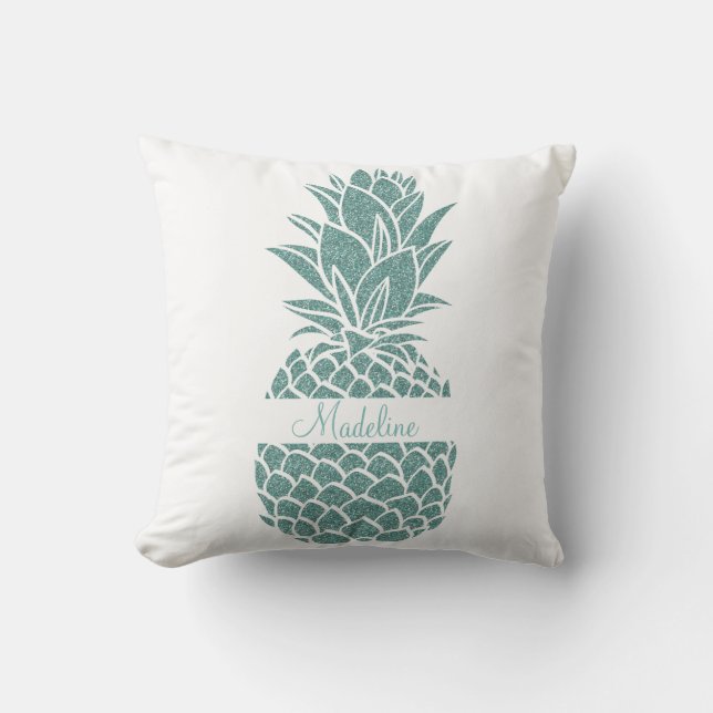 Girly Trendy Teal Glitter Pineapple Name Throw Pillow (Front)