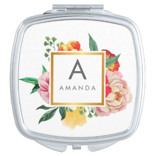 Girly TRENDY Watercolor Peony Flowers Monogram Makeup Mirror