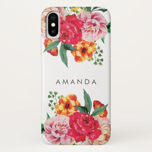 Girly TRENDY Watercolor Peony Flowers  your name iPhone X Case