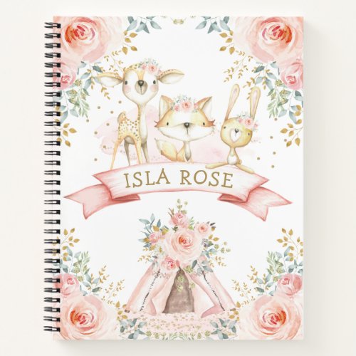 Girly Tribal Woodland Animals Blush Gold Floral Notebook
