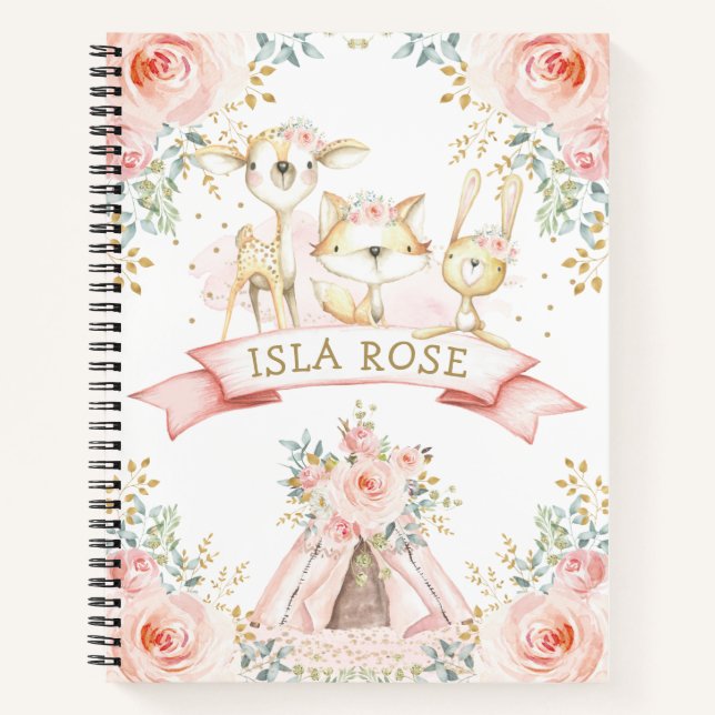 Girly Tribal Woodland Animals Blush Gold Floral Notebook (Front)