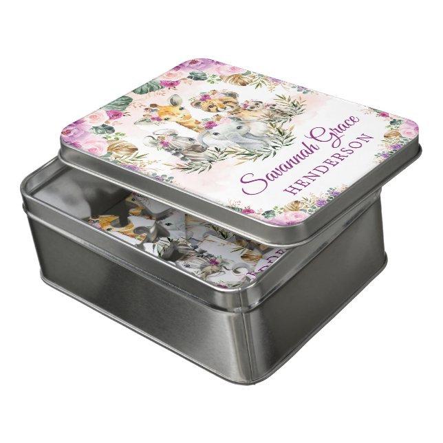 Girly Tropical Floral Jungle Floral Wild Animals Jigsaw Puzzle (Lid Open)