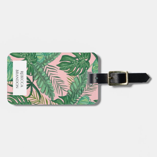 Girly Tropical Palm Leaf Pink Luggage Tag (Front Horizontal)