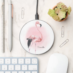 Girly Tropical Pink Flamingo with Name Wireless Charger