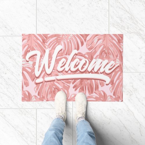 Girly Tropical Pink Palm Leaves Welcome  Doormat