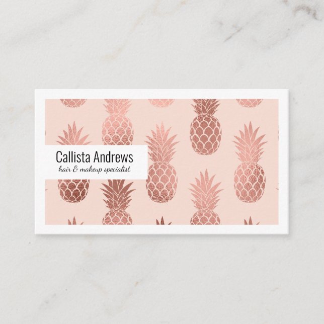 Girly Tropical Rose Gold Summer Pineapples Pattern Business Card (Front)