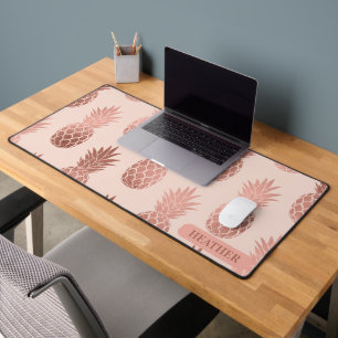 Girly Tropical Rose Gold Summer Pineapples Pattern Desk Mat