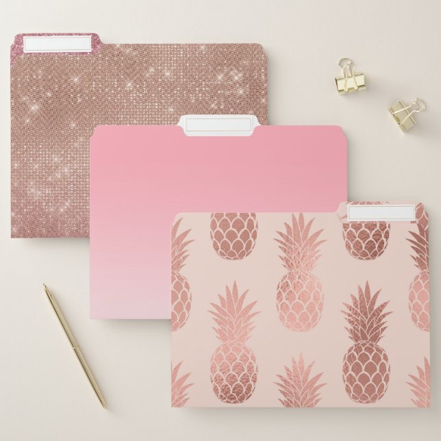 Girly Tropical Rose Gold Summer Pineapples Pattern File Folder (Set)