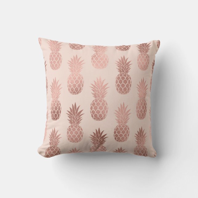 Girly Tropical Rose Gold Summer Pineapples Pattern Outdoor Pillow (Front)