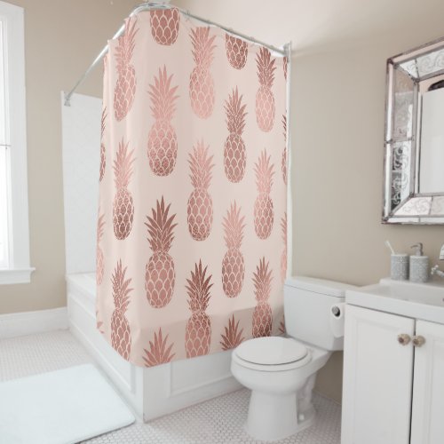 Girly Tropical Rose Gold Summer Pineapples Pattern Shower Curtain