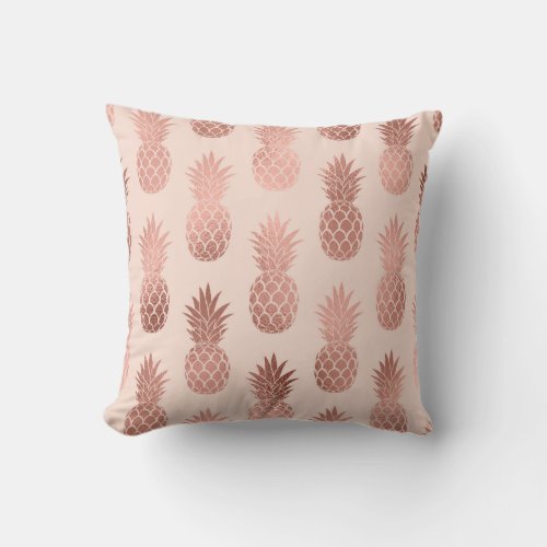 Girly Tropical Rose Gold Summer Pineapples Pattern Throw Pillow