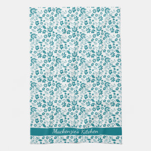 Girly Tropical Teal Turquoise Flowers Kitchen Towel