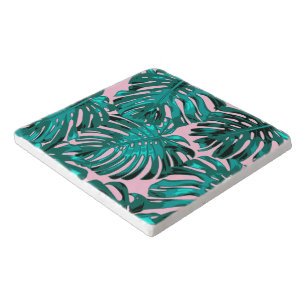 Girly Tropical Turquoise Pink Palm Jungle Leaves Trivet