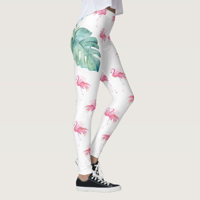 Girly Tropical Watercolor Pink Flamingo Leggings (Right)