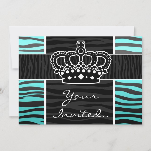 Girly turquoise and black zebra print crown invitation (Front)